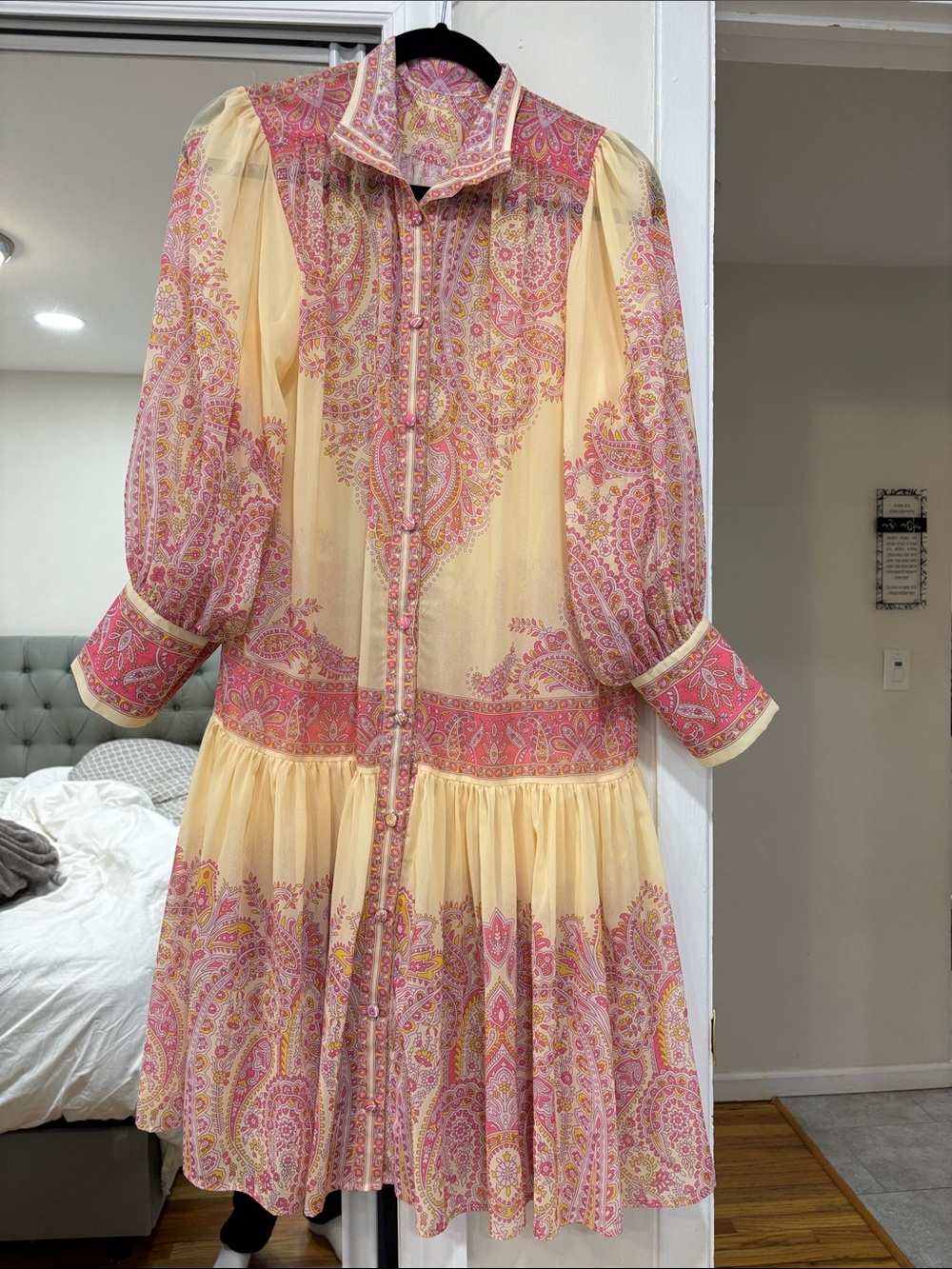 Yellow and Pink Paisley Button-Front Dress